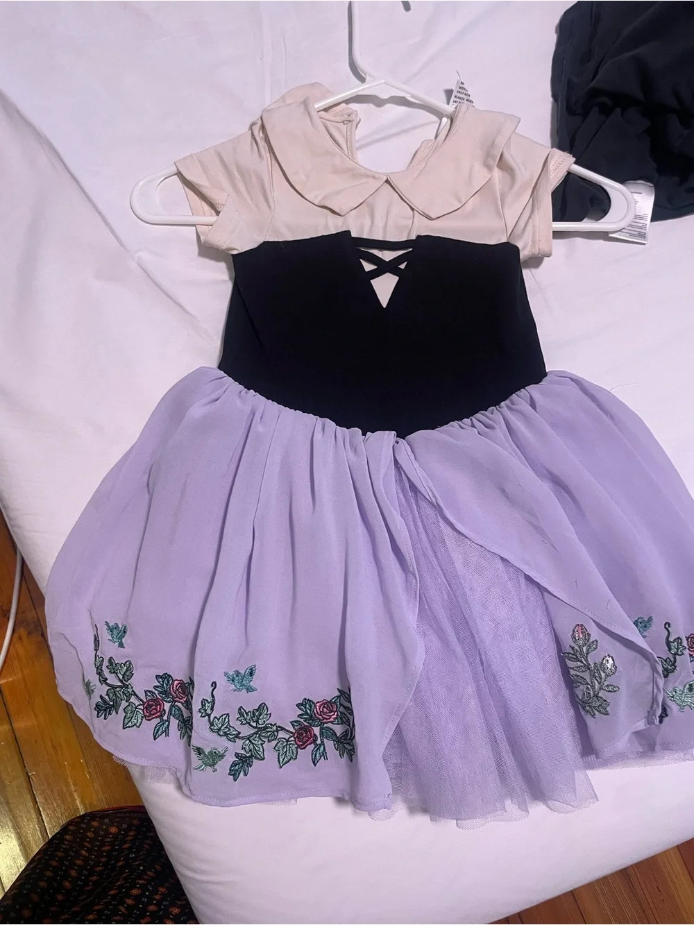 Girls Lavender & Black Floral Tulle Party Dress with Cream Collar